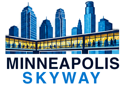 Logo of Skyway with building shapes and the words Minneapolis Skyway
